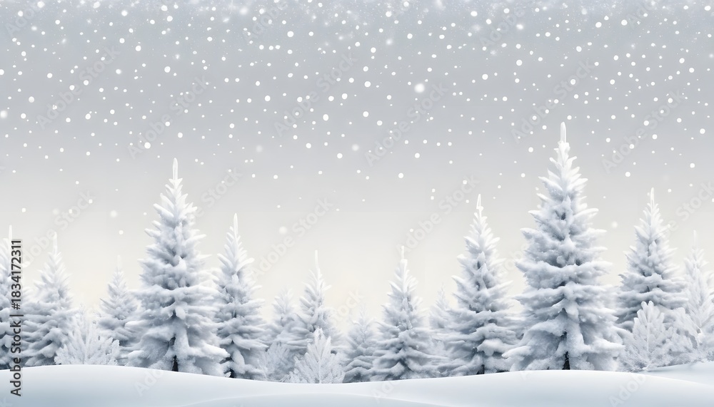 Naklejka premium A picturesque winter landscape featuring snow-covered evergreen trees under a sky filled with gentle snowfall, creating a serene and tranquil holiday scene