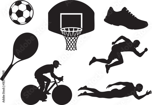 Black silhouettes of sports equipment and athletes cycling running swimming playing tennis and basketball