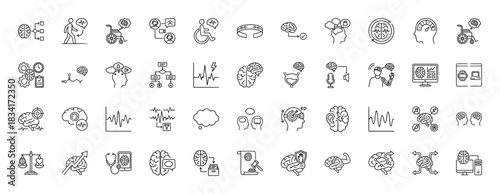 Neuroscience and mind control line icon set. Vector pictograms of brain activity, eeg, therapy, and technology, thin outline illustration.