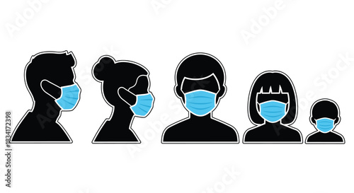 Family wearing face masks for protection against virus and germs