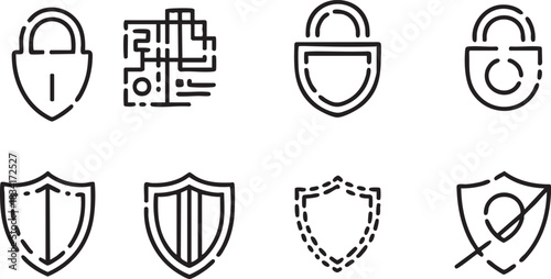 Eight black and white cybersecurity icons including locks and shields protection