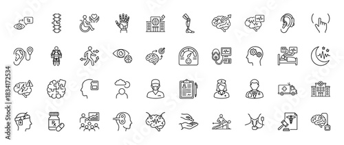 Neurology and rehabilitation line icon set. Vector pictograms of brain, spine, hearing, vision, and prosthetics, thin outline illustration.