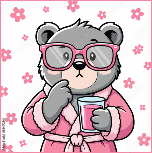 Cute cartoon bear in pink glasses and a cozy pink bathrobe, holding a pink drink, looking thoughtful