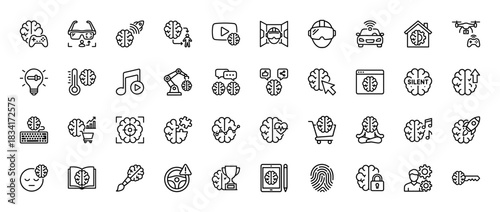Artificial intelligence and machine learning line icon set. Vector pictograms of smart brain, robot, data analysis, automation, neural network, thin outline illustration.