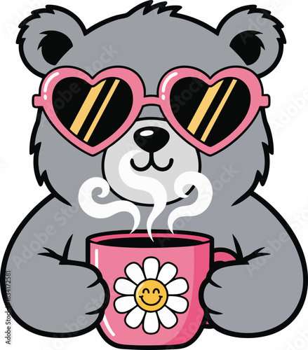 Cute cartoon bear wearing heart-shaped sunglasses and holding a steaming pink mug with a smiley daisy, perfect for fun designs