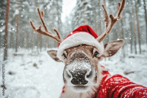 Selfie of an Adorable Reindeer Wearing Santa Hat in Snowy Winter Forest.