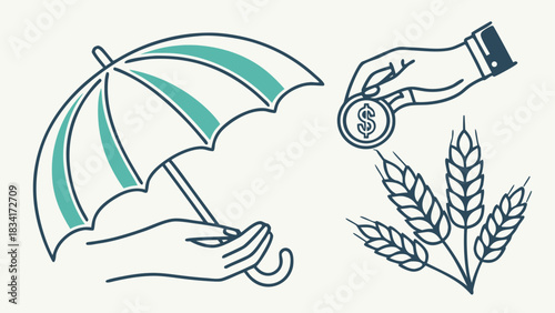 Protect your farm investments with crop insurance ensuring financial security with this modern illustration of wheat, money, and an umbrella of coverage today