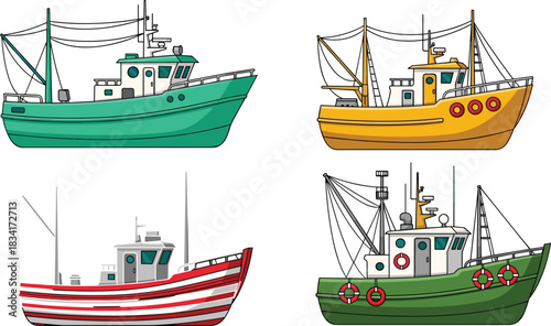 Fishing boat illustration, colorful vessels, maritime artwork, commercial fishing, nautical design, sea transport, ocean industry, fishing nets, harbor scene, coastal life