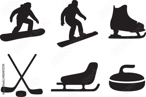 Six black silhouette graphics of winter sports equipment and figures on white snowboarder snowboarding