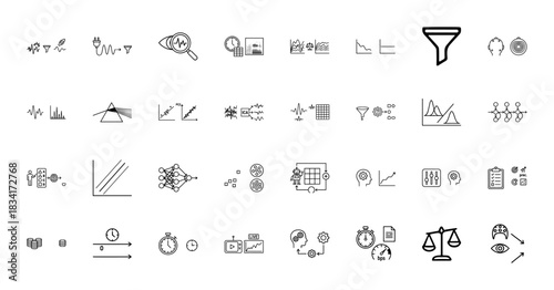 Data science and machine learning line icon set. Vector pictograms of algorithms, neural networks, analysis, and processing, thin outline illustration.