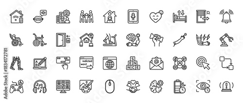 Technology and accessibility line icon set. Vector pictograms of smart home, disability, gaming, and artificial intelligence, thin outline illustration.