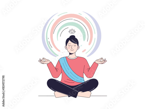 A person meditating in lotus position, surrounded by colorful arcs, representing inner peace.