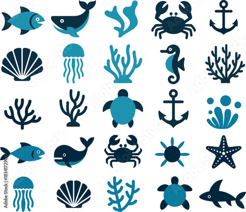 ocean life vector set featuring marine animals and underwater elements ideal for educational themes, kids graphics and aquatic branding.