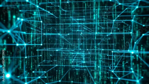 Illuminated network structure, glowing nodes and interconnected lines in a dark blue-green space