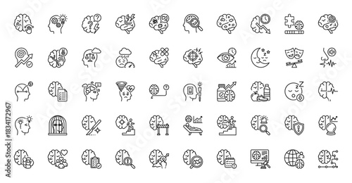 Psychology and mental health line icon set. Vector pictograms of brain, gears, depression, therapy, neurology, emotions, intelligence, thin outline illustration.