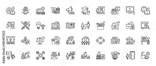 Education, business, and political icon set. Vector pictograms of books, handshake, megaphone, graduation cap, and flags, thin outline illustration.