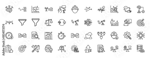Artificial intelligence and technology line icon set. Vector pictograms of neural network, robotic arm, cloud computing, brain, and automation, thin outline illustration.
