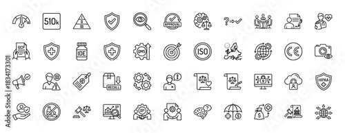 Regulatory compliance and quality control line icon set. Vector pictograms of audit, law, safety, risk, policy, inspection, certification, thin outline illustration.