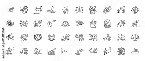 Business and strategy line icon set. Vector pictograms of growth, targeting, planning, and innovation, thin outline illustration.