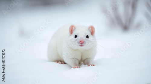 Small rodent with blending into background, camouflaged in snowy white landscape, natural winter mimicry, idea of adaptation and survival in nature through invisibility and harmony with environment
