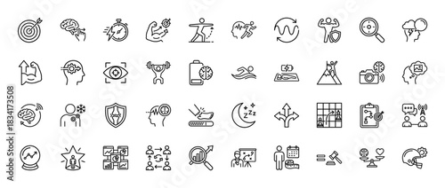 Health and wellness line icon set. Vector pictograms of fitness, sports, mind, strategy, and self-improvement, thin outline illustration.