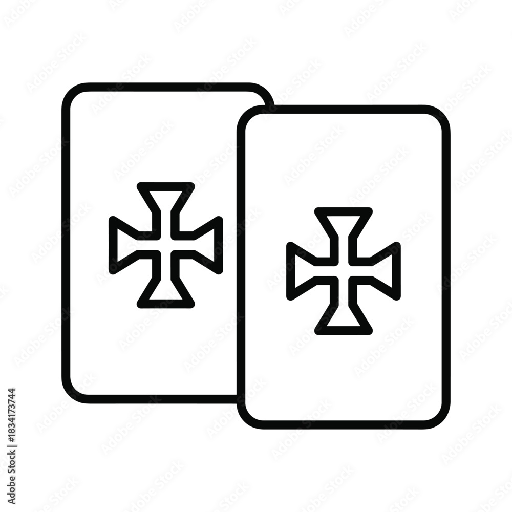 Obraz premium Outline icon of two game or tarot cards featuring a cross symbol, possibly a Maltese or Iron Cross, suggesting themes of games, fate, spirituality, or medieval chivalry.