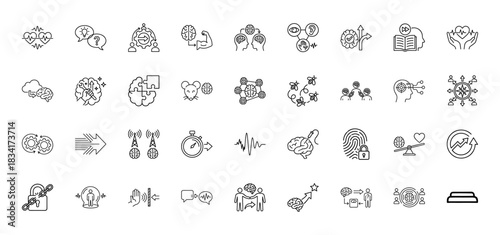 Cognition and brainstorming line icon set. Vector pictograms of brain activity, communication, strategy, and mental health, thin outline illustration.