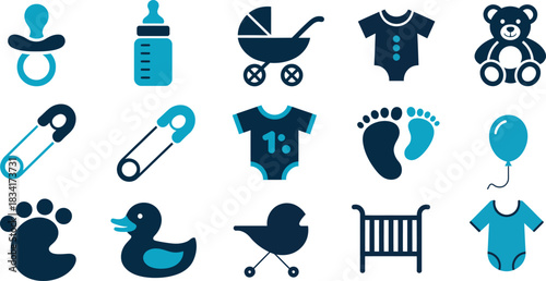 baby shower elements vector illustration featuring cute newborn decorations ideal for party invitations, nursery themes and celebration artwork.