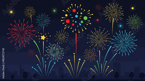 Colorful Fireworks Display Over City Skyline Vector Illustration