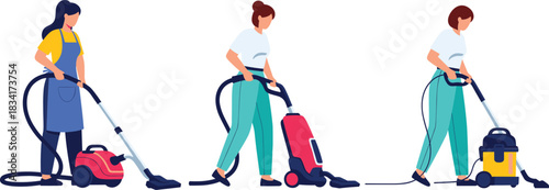 Women vacuuming floors vector illustration set showing household cleaning work with different vacuum cleaners