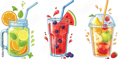 Fruit drinks, citrus water, watermelon punch, mixed juice, mason jar, plastic cup, healthy beverage, summer refreshment, ice cubes, straws