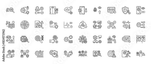 Neuromarketing and biometrics line icon set. Vector pictograms of brain, eye scan, fingerprint, shield, psychology, AI analysis, technology, thin outline illustration.