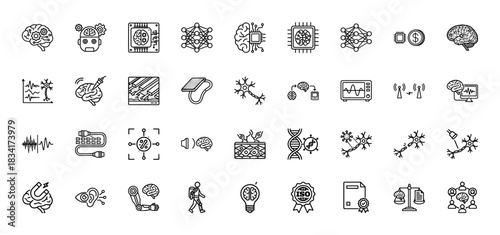 Artificial intelligence and neuroscience line icon set. Vector pictograms of brain, neural networks, chip, and sensors, thin outline illustration.