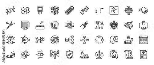 Technology and artificial intelligence line icon set. Vector pictograms of microchips, networks, data, blockchain, and algorithms, thin outline illustration.