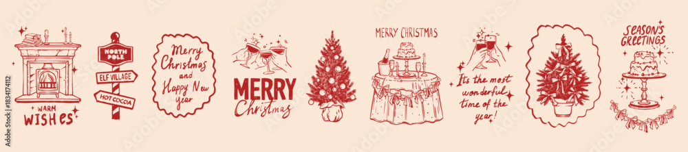 Obraz premium Christmas doodle illustration, New Year whimsical postcard print set, winter holiday decoration. Hand drawn festive table, pine tree, cosy fireplace, retro party invitation graphic. Christmas doodle