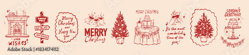 Christmas doodle illustration, New Year whimsical postcard print set, winter holiday decoration. Hand drawn festive table, pine tree, cosy fireplace, retro party invitation graphic. Christmas doodle