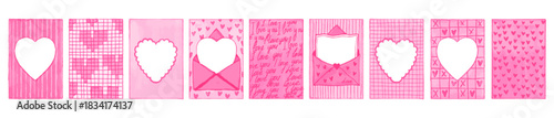 Pink love frame heart set, Valentine day border, hand drawn watercolor romantic postcard design. Holiday February background decoration, wedding invitation letter print. Cute love frame envelope  art