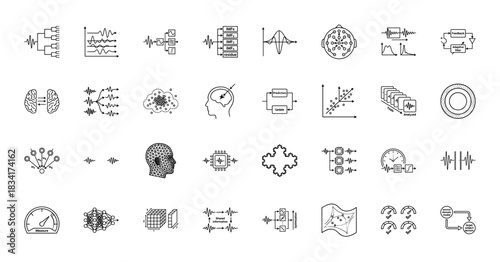 Neuroscience line icon set. Vector pictograms of brain activity, eeg signals, adaptive filters, neural networks, and data analysis, thin outline illustration.
