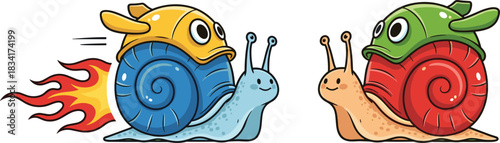 Funny racing snails, cartoon speed concept, whimsical snail illustration, colorful helmets, playful animal art, fast snail parody, creative humor