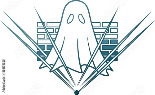 Mysterious ghost illustration emerging from behind a brick wall with radiating light beams
