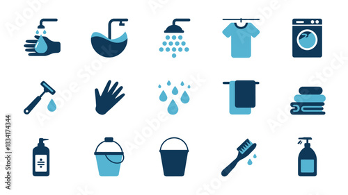 Collection of bathroom and laundry icons, including washing hands, showering, and cleaning items.