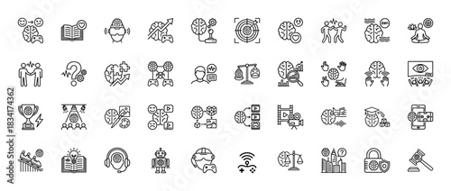 Neuroscience and psychology line icon set. vector pictograms of brain activity, emotional intelligence, vr gaming, and mental health, thin outline illustration.