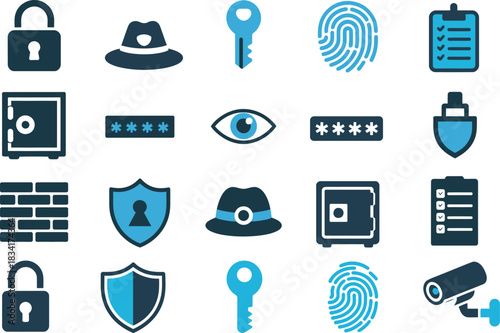 security privacy protection vector artwork highlighting data safety with lock, key, fingerprint and shield symbols ideal for digital safety, cybersecurity and encryption themes.