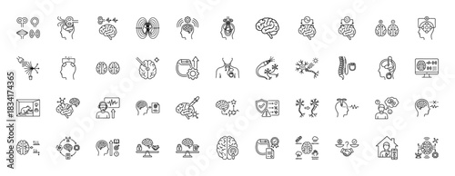 Neuroscience and artificial intelligence line icon set. Vector pictograms of brain activity, neural networks, dbs, and bio-implants, thin outline illustration.