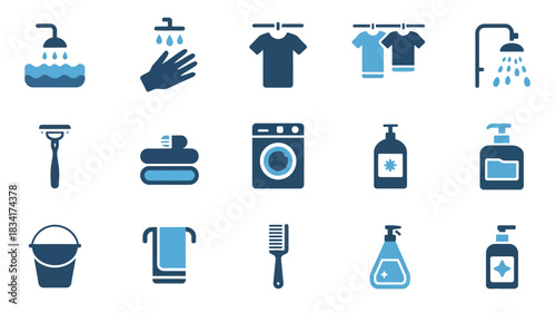 Collection of blue bathroom and laundry icons on white background.
