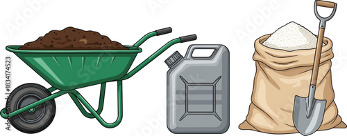 Gardening tools illustration, wheelbarrow, fuel container, cement sack, shovel, outdoor work, landscaping gear, construction materials, soil transport, manual labor