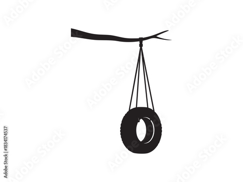 Tire Swing on Tree Branch Vector Illustration Silhouette for Outdoor Play