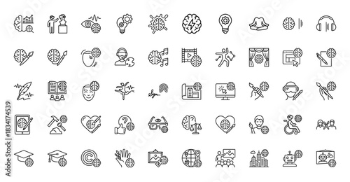 Creative and cognitive process line icon set. Vector pictograms of brain activity, art, music, education, and technology, thin outline illustration.