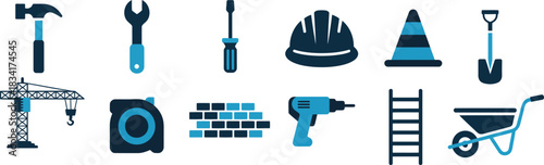 construction tools equipment vector artwork including essential building, repair and maintenance tools ideal for service branding, signage and instructional graphics.