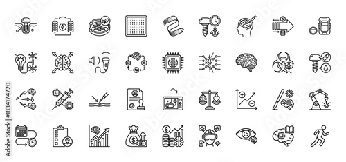 Biotechnology and research line icon set. Vector pictograms of brain, syringe, chip, and data analysis, thin outline illustration.
